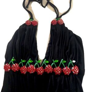 SKY HALTER TOP Black, Size Small. Cherry rhinestone hardware. Good condition.
